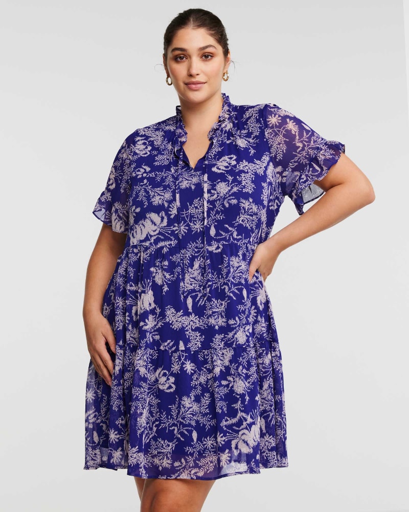 Front of a model wearing a size 16W ULTRA LEAF TIERED DRESS in Print by Estelle. | dia_product_style_image_id:302043